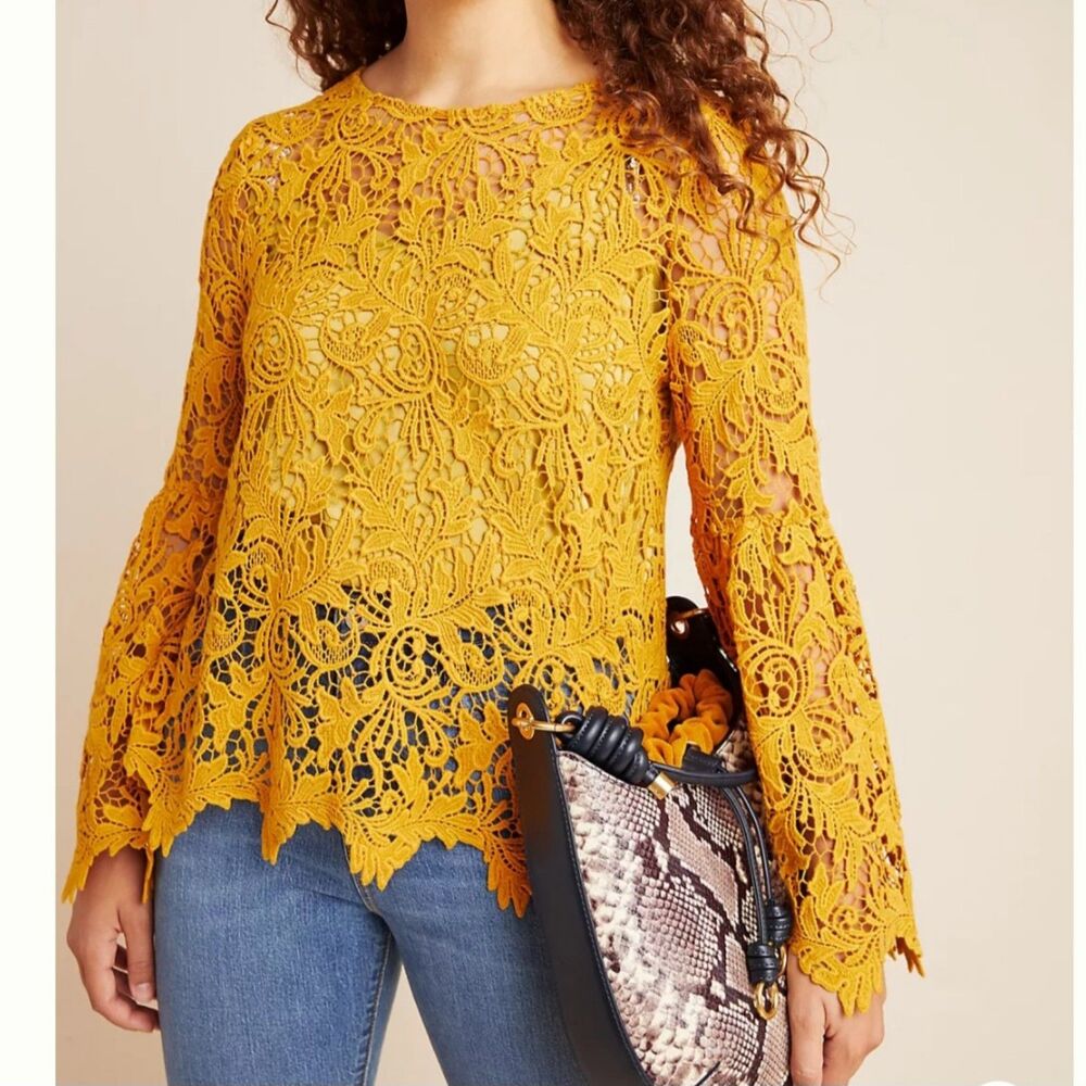 eri‎ + ali  Marigold embroidered lace blouse bell sleeves XXSP romantic festival